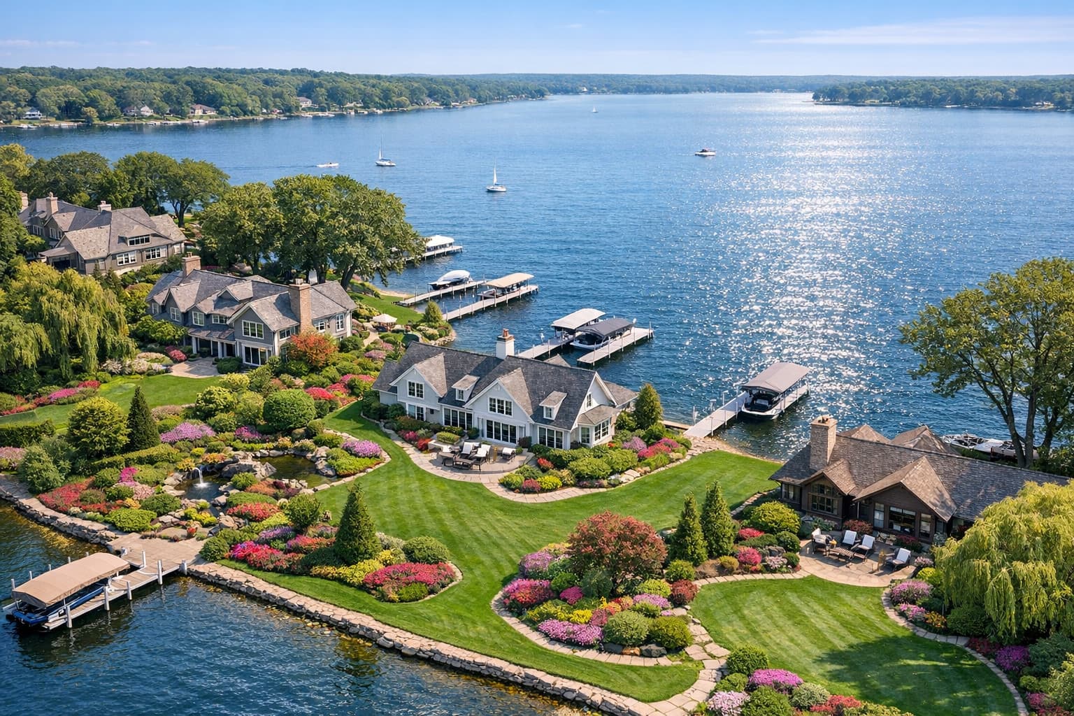Aerial drone shot of lakefront properties with landscaping