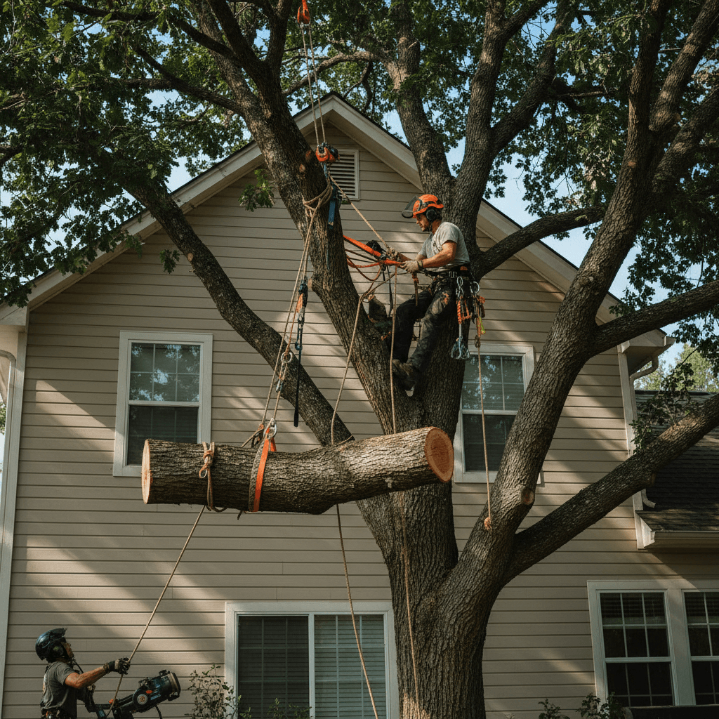 Skilled arborist carefully removing tree positioned near residential building