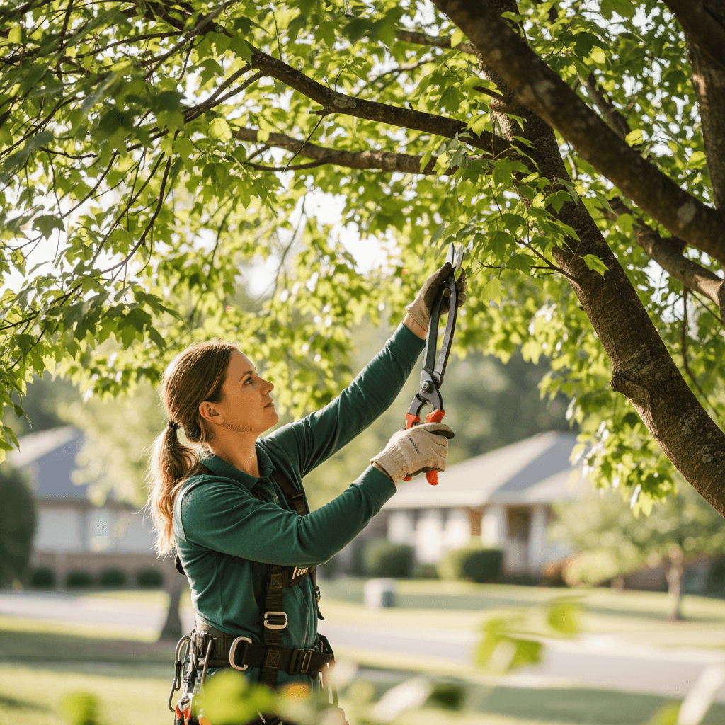 Professional arborist expertly trimming tree branches with precision