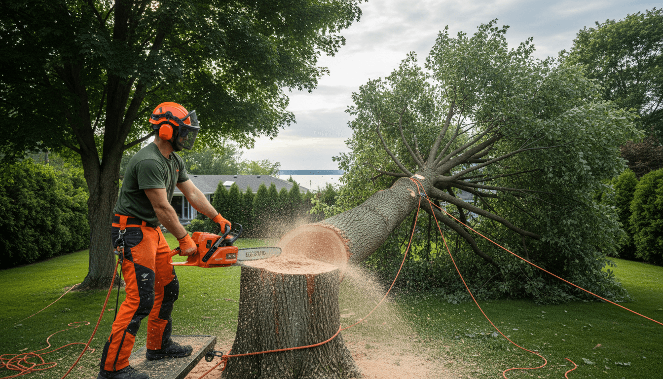 Professional arborist safely removing a large tree in a Lake Geneva residential yard