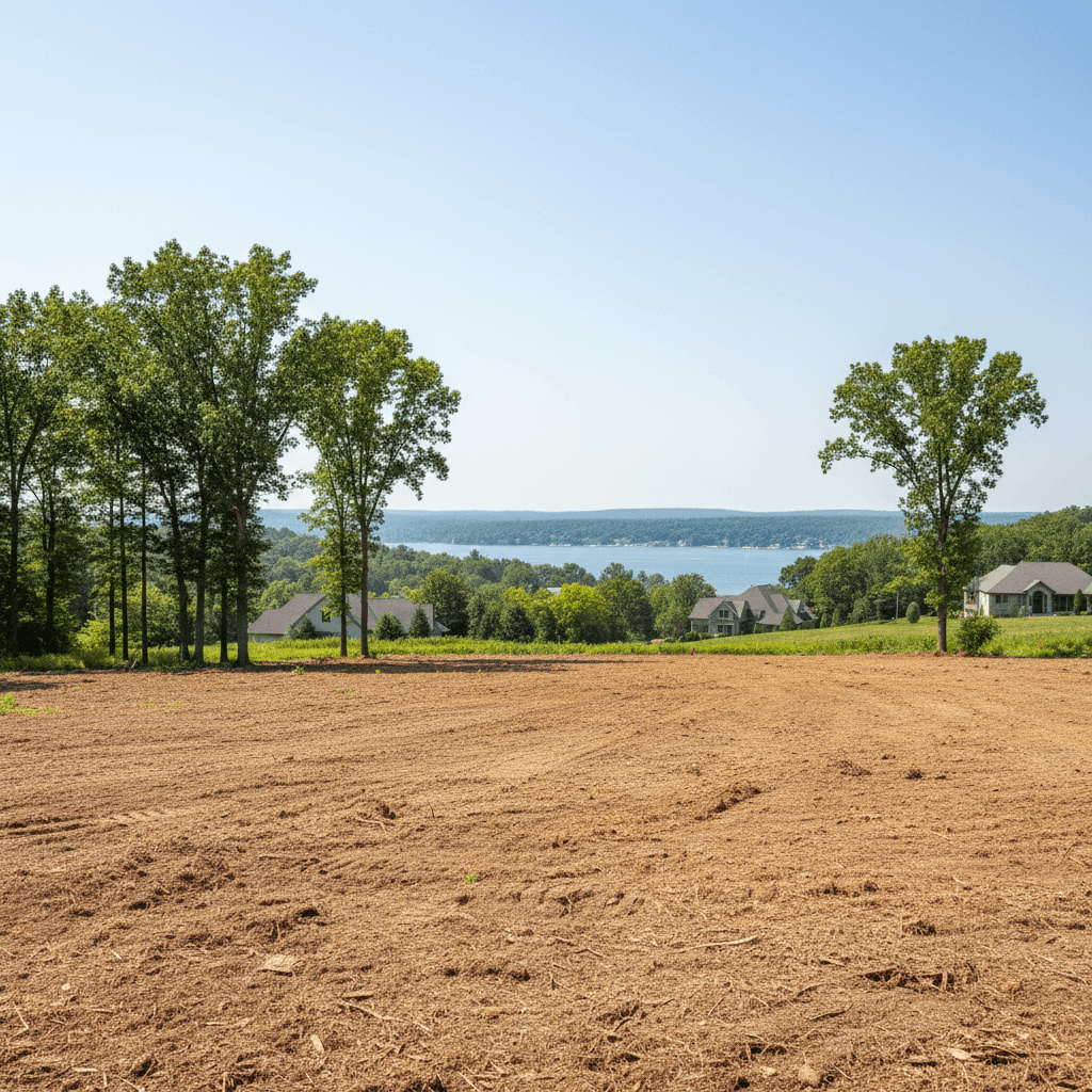 Overhead view of cleared property lot with excavated soil, organized debris piles, and golden hour shadows, showing site preparation work.