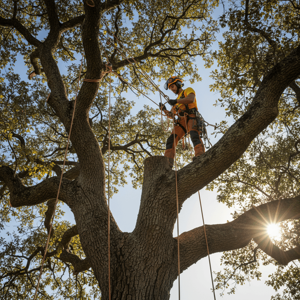 Arborist safely removing a large tree with professional rigging