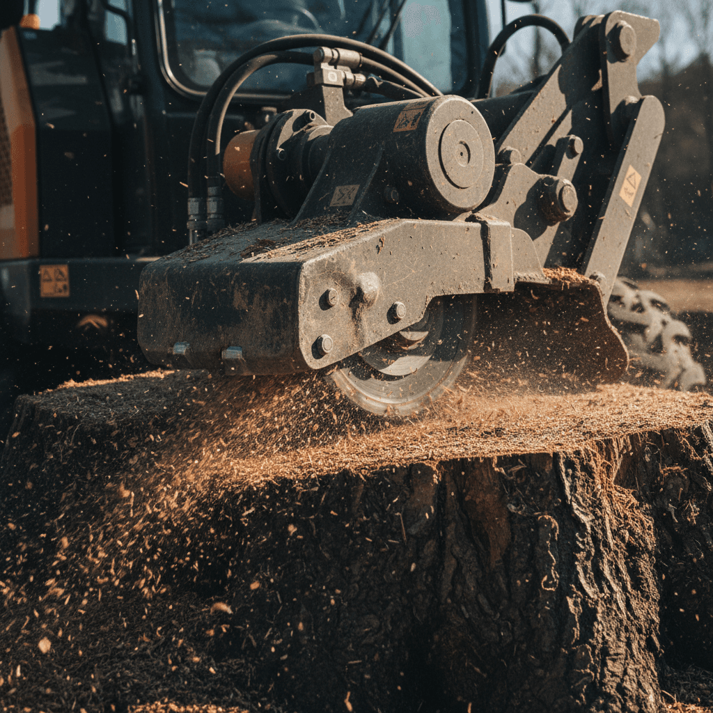 Professional stump grinder removing tree stump below ground level