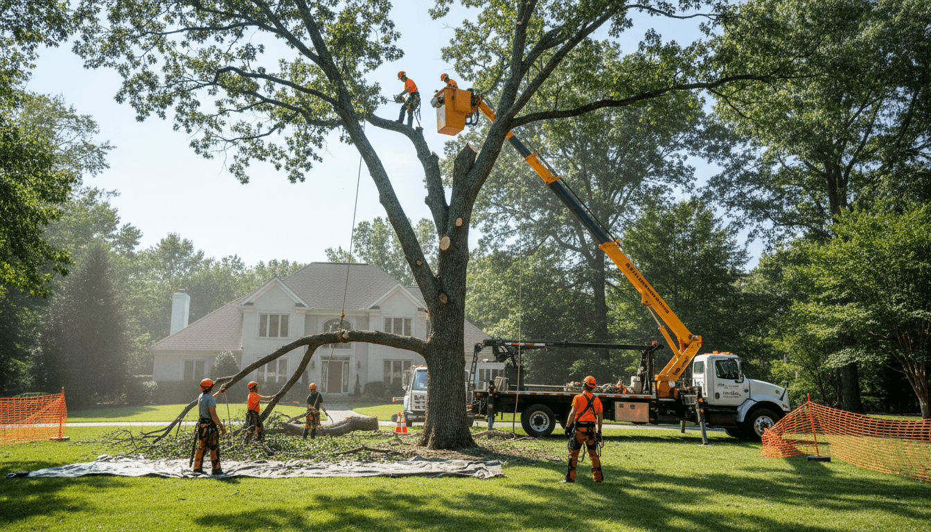 Professional tree removal crew operating bucket truck and specialized equipment on residential property with safety protocols in place