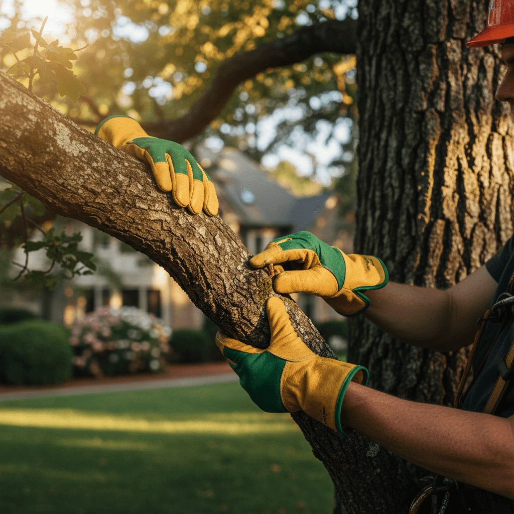 Arborist assessing split tree damage after storm