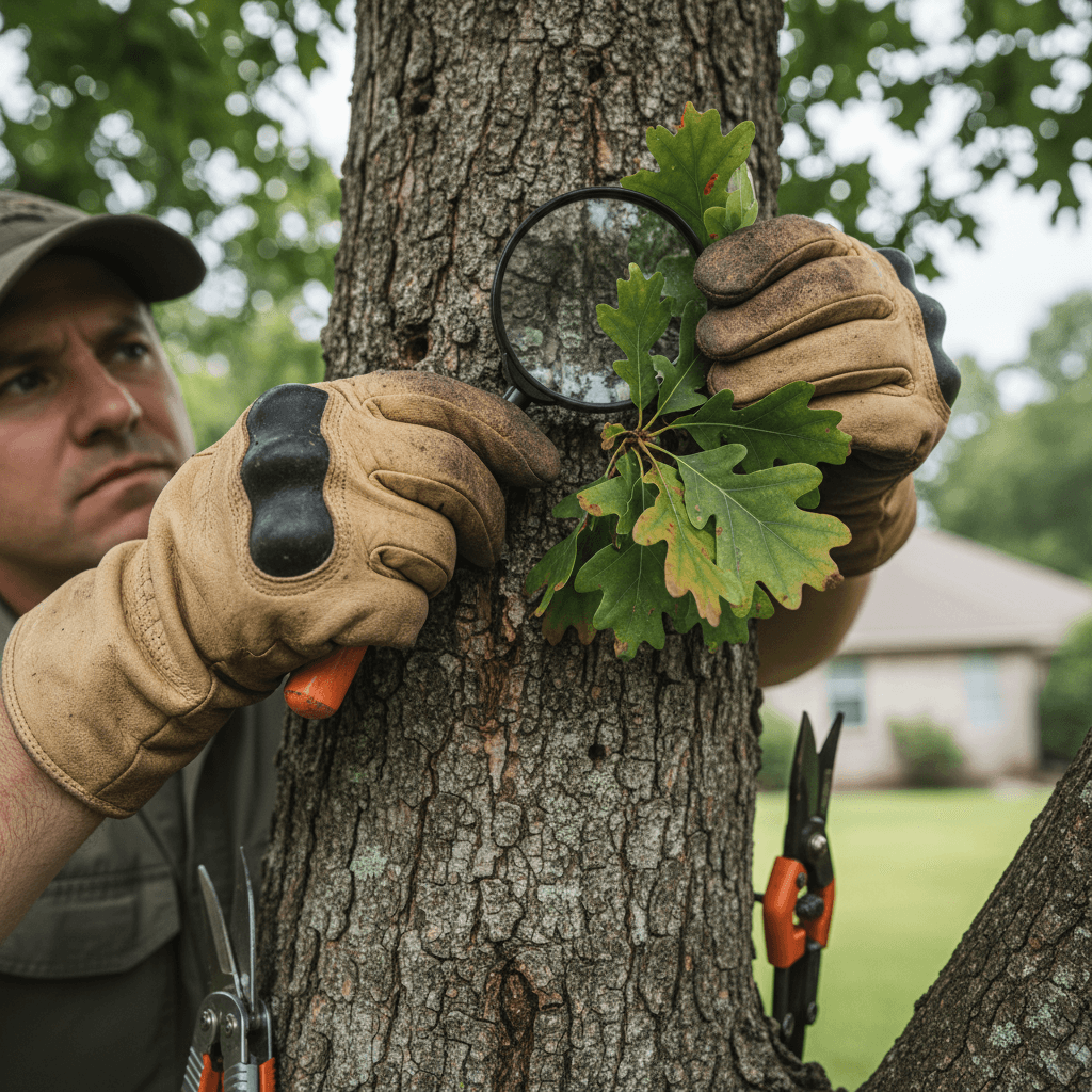 Arborist's gloved hands closely examining tree bark and foliage for disease and pest damage in natural light
