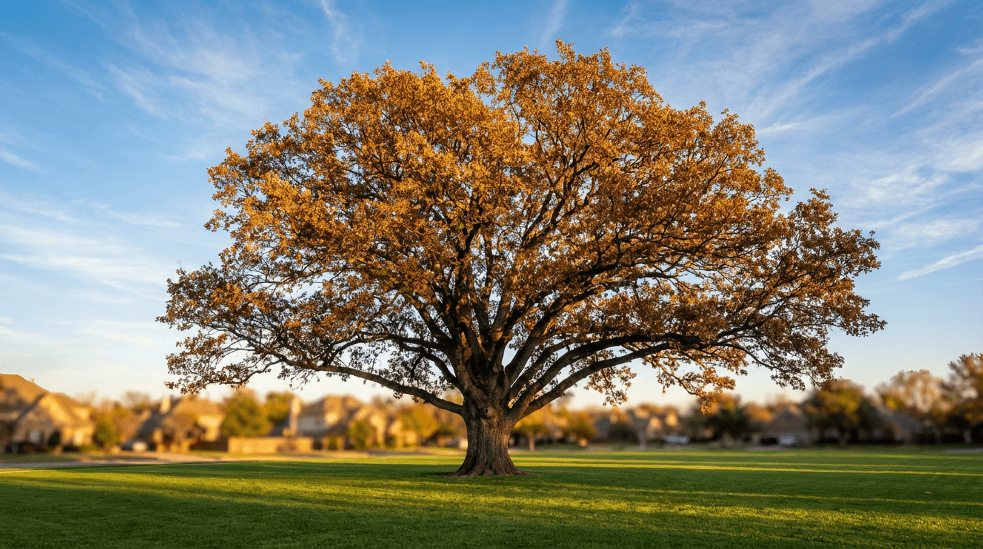 Sunlit mature tree in residential landscape with golden hour lighting and soft bokeh background.
