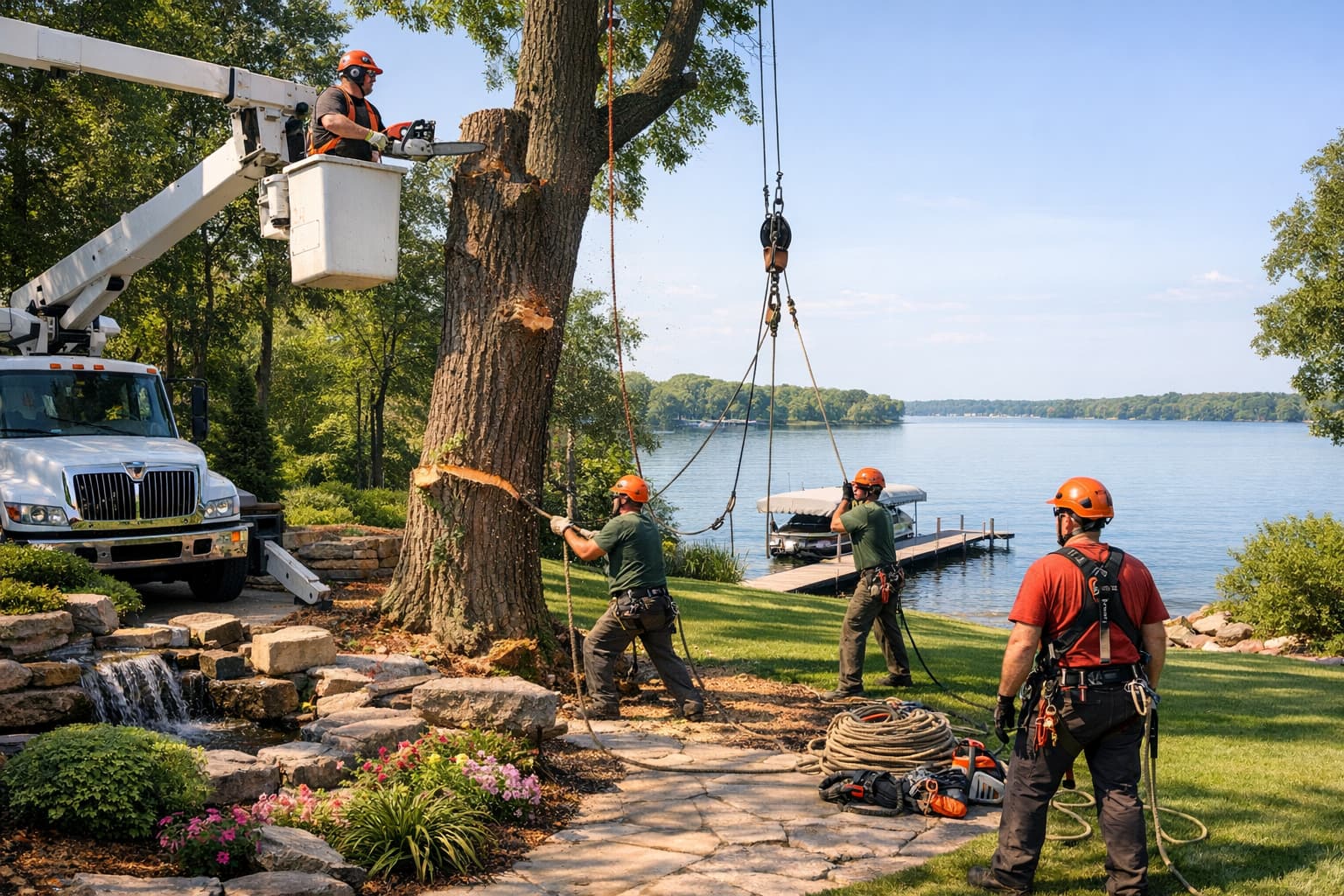 Arborists using a bucket truck and crane to dismantle a large tree by a lake.